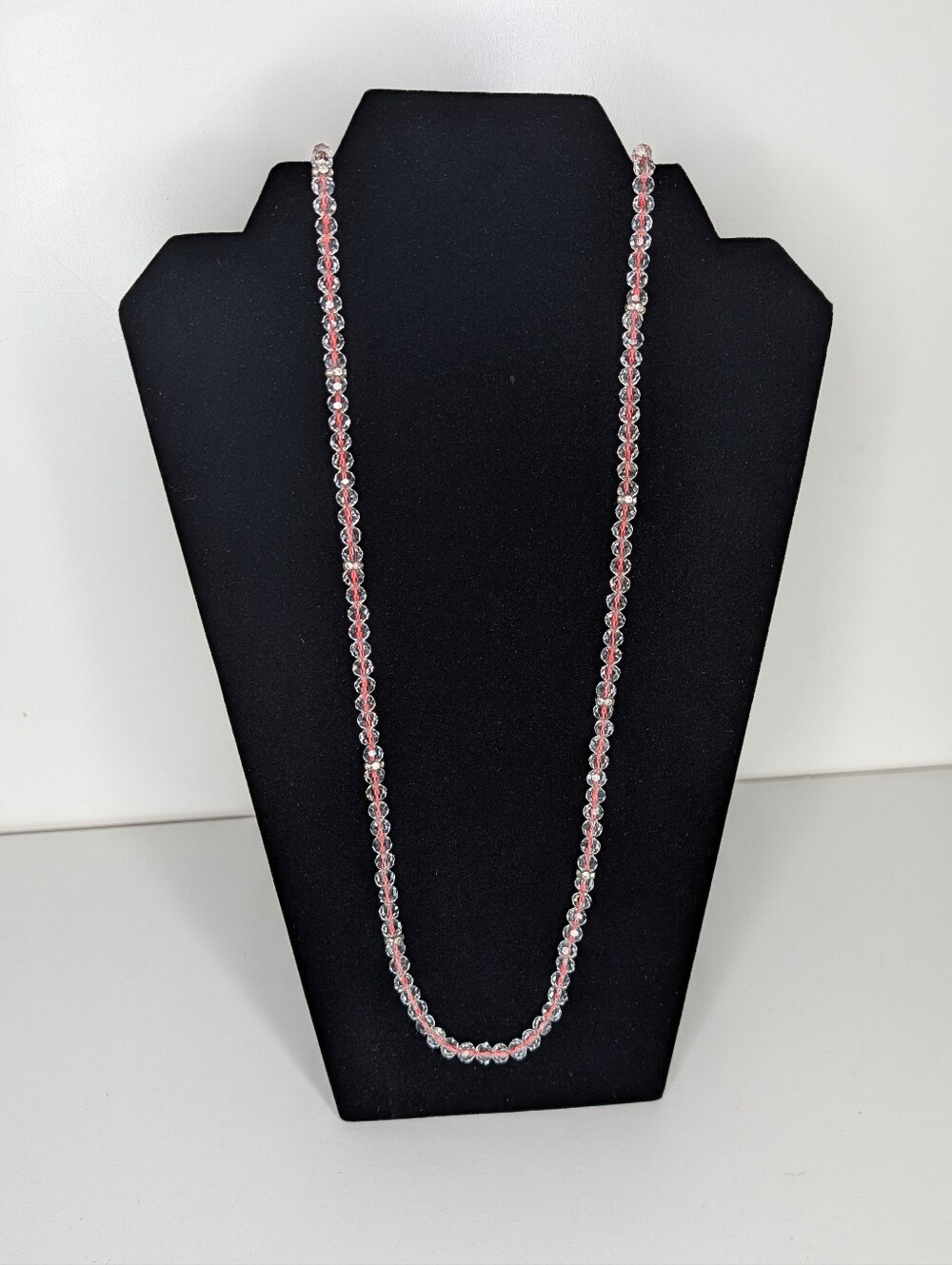 Ann Taylor Red Thread Clear Faceted Glass Bead Long Necklace Rhinestone Stations